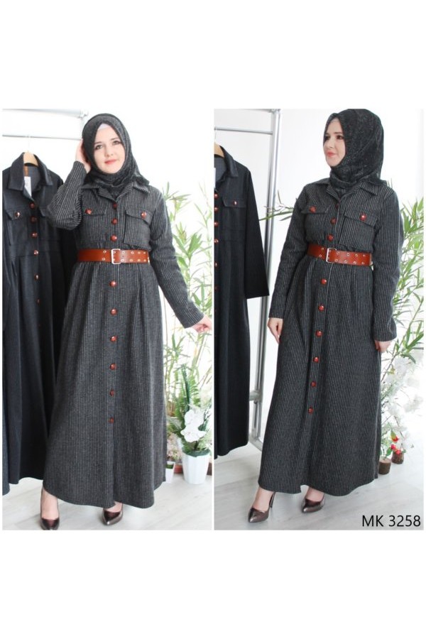 Büyük Beden Düğmeli Yumuşak Kaşe Ferace Elbise  Kemer Hediyeli  Füme Çizgili
