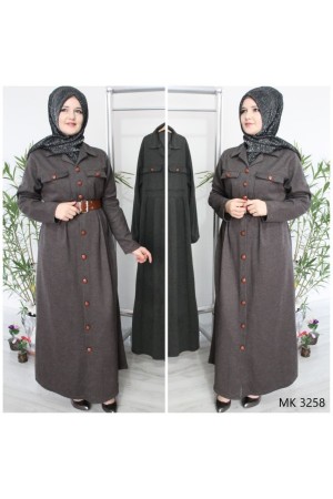 Büyük Beden Düğmeli Yumuşak Kaşe Ferace Elbise  Kemer Hediyeli  Kahverengi