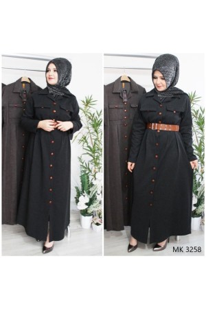 Büyük Beden Düğmeli Yumuşak Kaşe Ferace Elbise  Kemer Hediyeli  Siyah