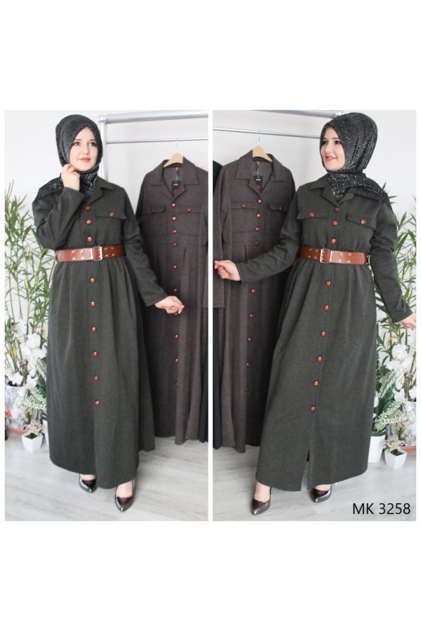 Büyük Beden Düğmeli Yumuşak Kaşe Ferace Elbise  Kemer HediyeliHaki