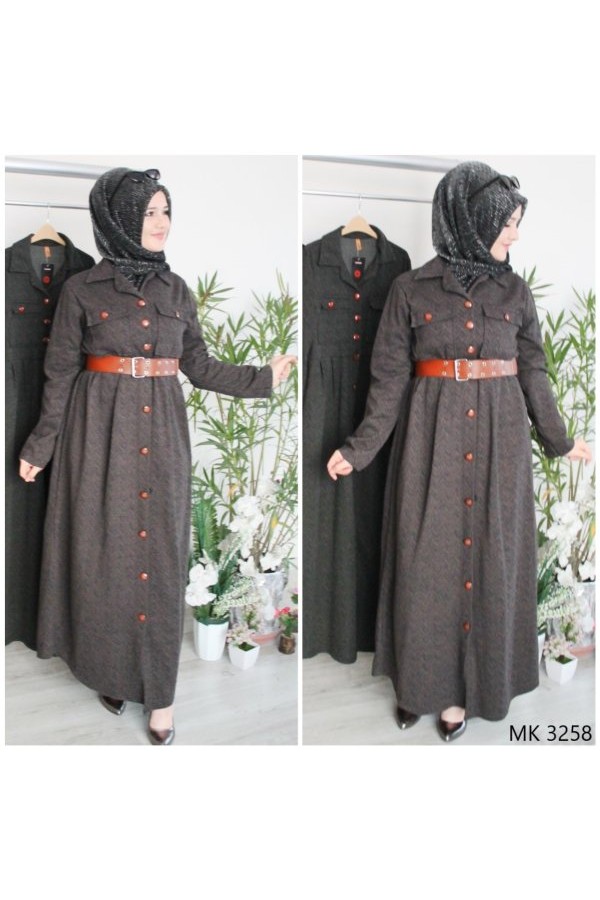 Büyük Beden Düğmeli Yumuşak Kaşe Ferace Elbise  Kemer Hediyeli  Kahve Zigzag