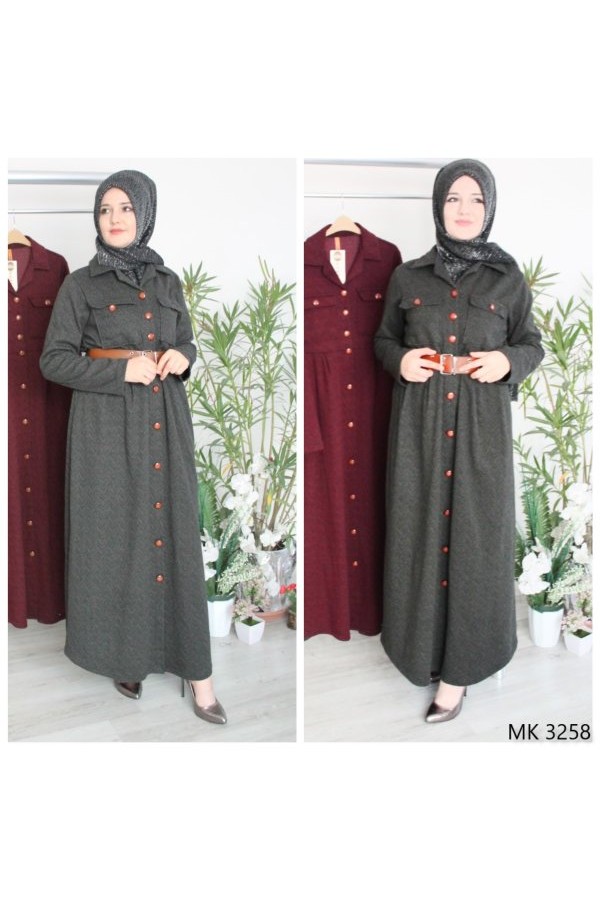 Büyük Beden Düğmeli Yumuşak Kaşe Ferace Elbise  Kemer Hediyeli  Haki