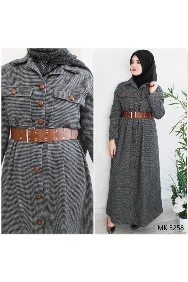 Büyük Beden Düğmeli Yumuşak Kaşe Ferace Elbise  Kemer Hediyeli Siyah Pitikare