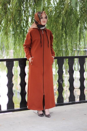 Büyük Beden Kapşonlu Kolları Düğmeli İki İplik Spor Ferace  Kiremit