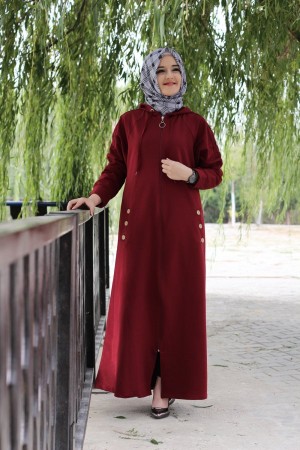 Büyük Beden Kapşonlu Kolları Düğmeli İki İplik Spor Ferace  Bordo