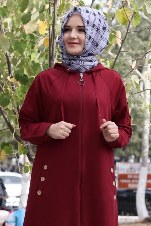Büyük Beden Kapşonlu Kolları Düğmeli İki İplik Spor Ferace Bordo Büyük Beden Kapşonlu Kolları Düğmeli İki İplik Spor Ferace Bordo