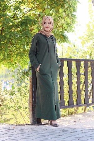 Büyük Beden Kapşonlu Kolları Düğmeli İki İplik Spor Ferace  Haki