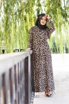 Büyük Beden Desenli Pamuklu Elbise  Kemer Hediyeli  Vizon Leopar