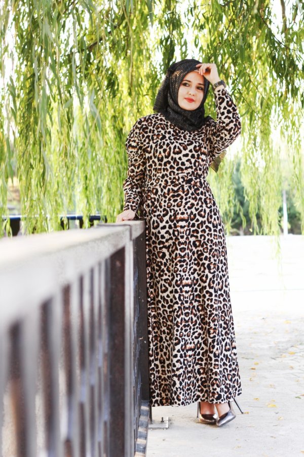 Büyük Beden Desenli Pamuklu Elbise  Kemer Hediyeli  Vizon Leopar