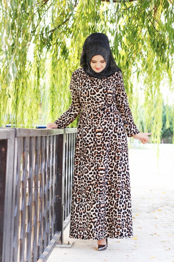 Büyük Beden Desenli Pamuklu Elbise  Kemer Hediyeli  Vizon Leopar