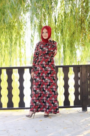 Büyük Beden Desenli Pamuklu Elbise  Kemer Hediyeli  Kırmızı Menekşe