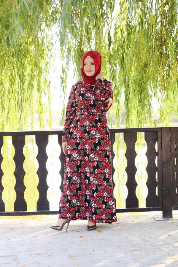 Büyük Beden Desenli Pamuklu Elbise  Kemer Hediyeli  Kırmızı Menekşe