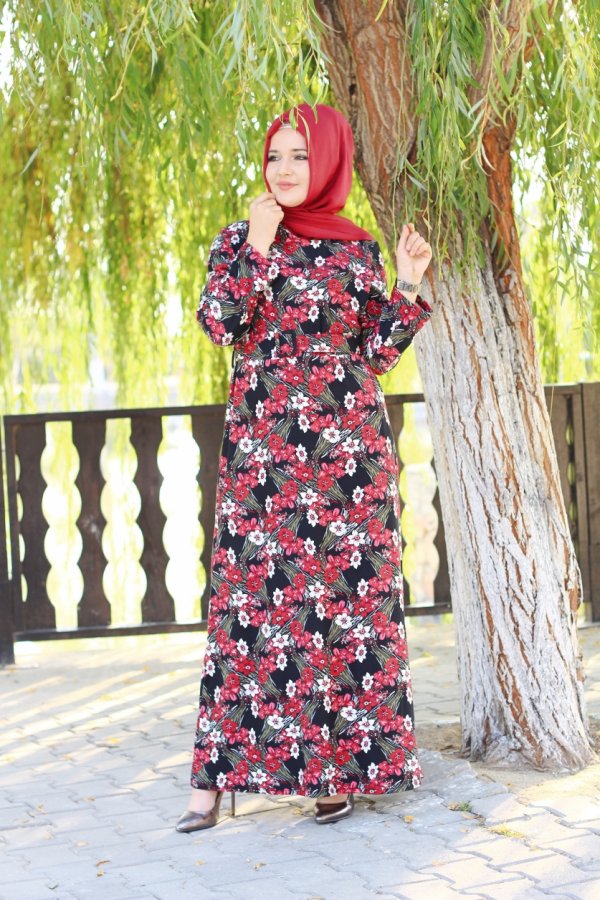 Büyük Beden Desenli Pamuklu Elbise  Kemer Hediyeli  Kırmızı Menekşe