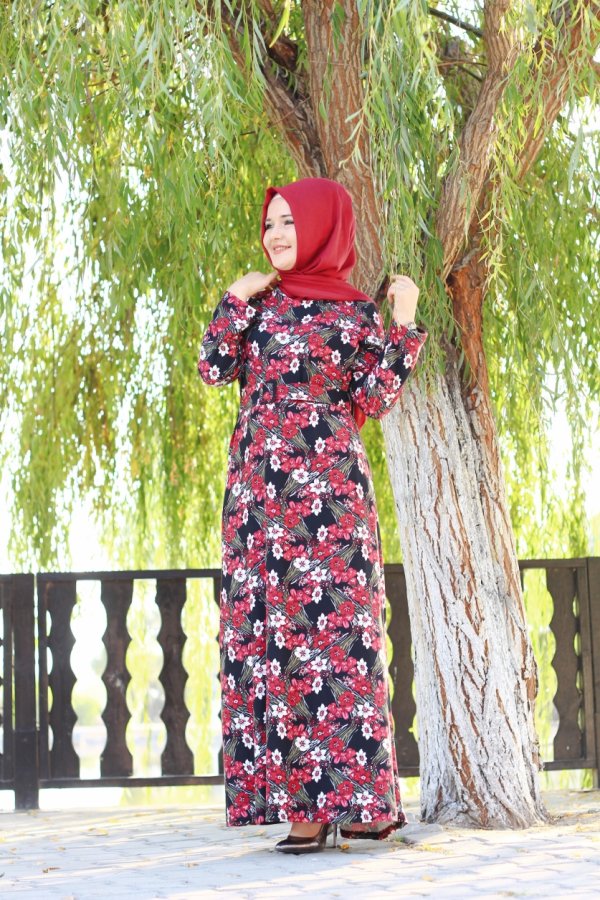 Büyük Beden Desenli Pamuklu Elbise  Kemer Hediyeli  Kırmızı Menekşe