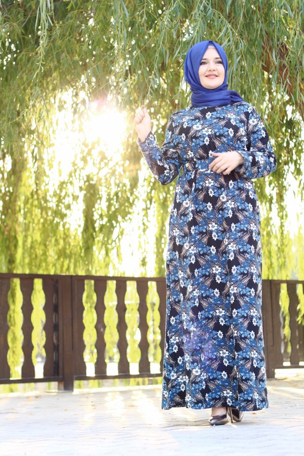 Büyük Beden Desenli Pamuklu Elbise Kemer Hediyeli Mavi Menekşe Büyük Beden Desenli Pamuklu Elbise Kemer Hediyeli Mavi Menekşe