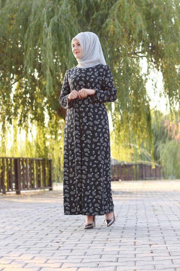 Büyük Beden Desenli Pamuklu Elbise  Kemer Hediyeli  Siyah Şal Desen