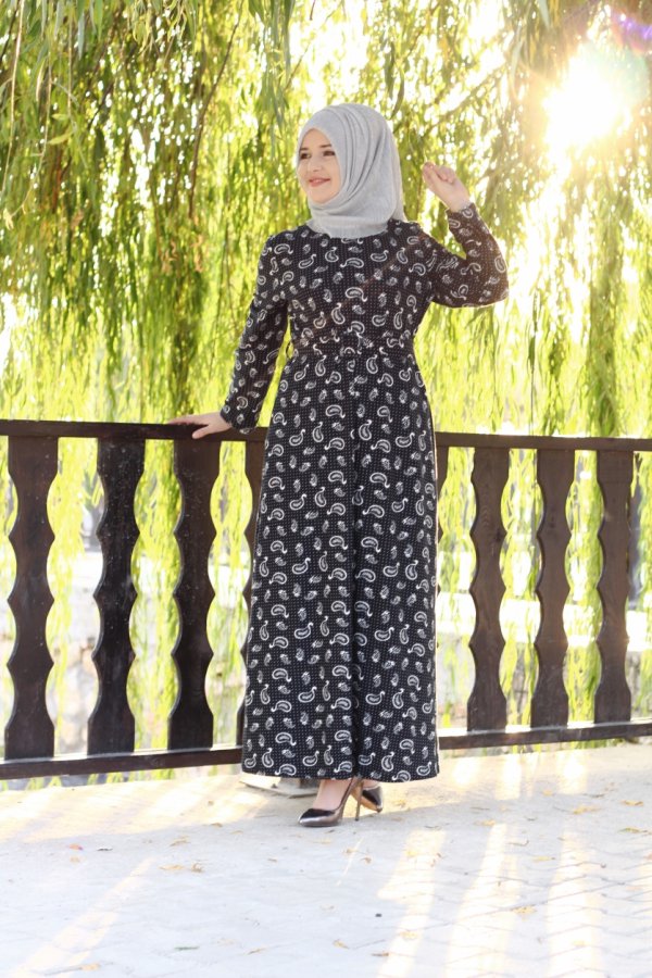 Büyük Beden Desenli Pamuklu Elbise  Kemer Hediyeli  Siyah Şal Desen
