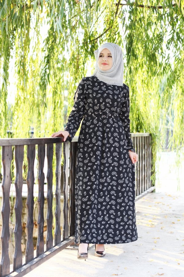 Büyük Beden Desenli Pamuklu Elbise  Kemer Hediyeli  Siyah Şal Desen