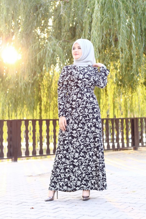 Büyük Beden Desenli Pamuklu Elbise  Kemer Hediyeli  Siyah Lale Desen