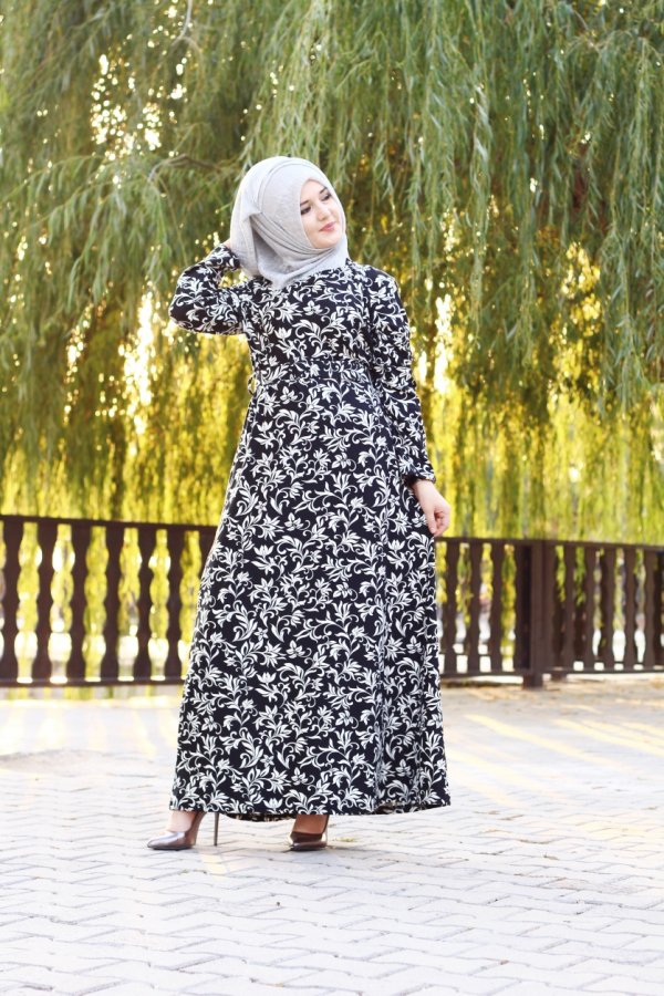 Büyük Beden Desenli Pamuklu Elbise  Kemer Hediyeli  Siyah Lale Desen