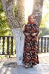 Büyük Beden Baskılı Krep Kumaş Elbise 64 bedene kadar  Kiremit Palmiye