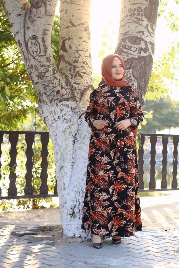 Büyük Beden Baskılı Krep Kumaş Elbise 64 bedene kadar  Kiremit Palmiye