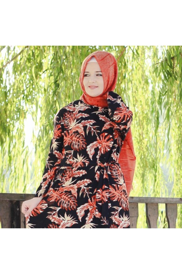 Büyük Beden Baskılı Krep Kumaş Elbise 64 bedene kadar  Kiremit Palmiye