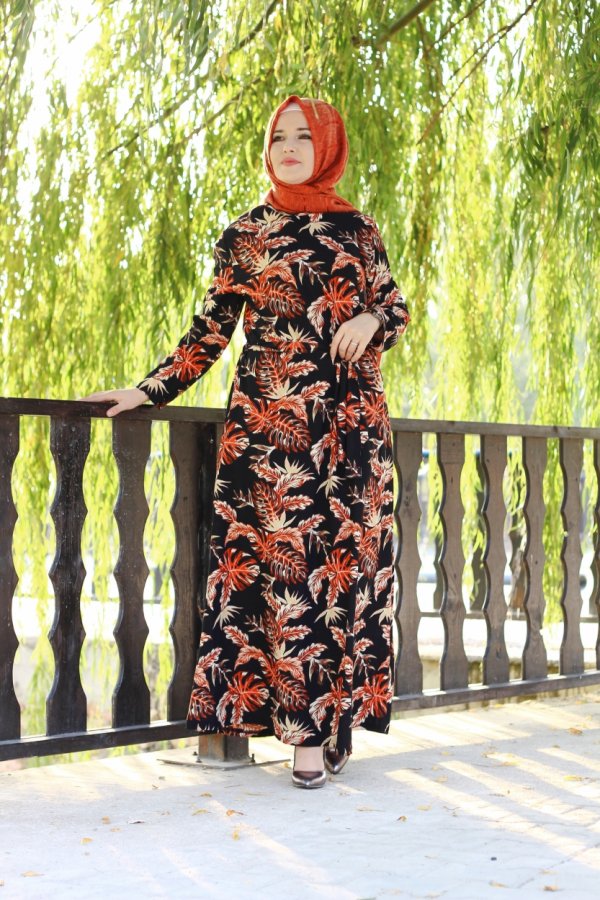 Büyük Beden Baskılı Krep Kumaş Elbise 64 bedene kadar  Kiremit Palmiye