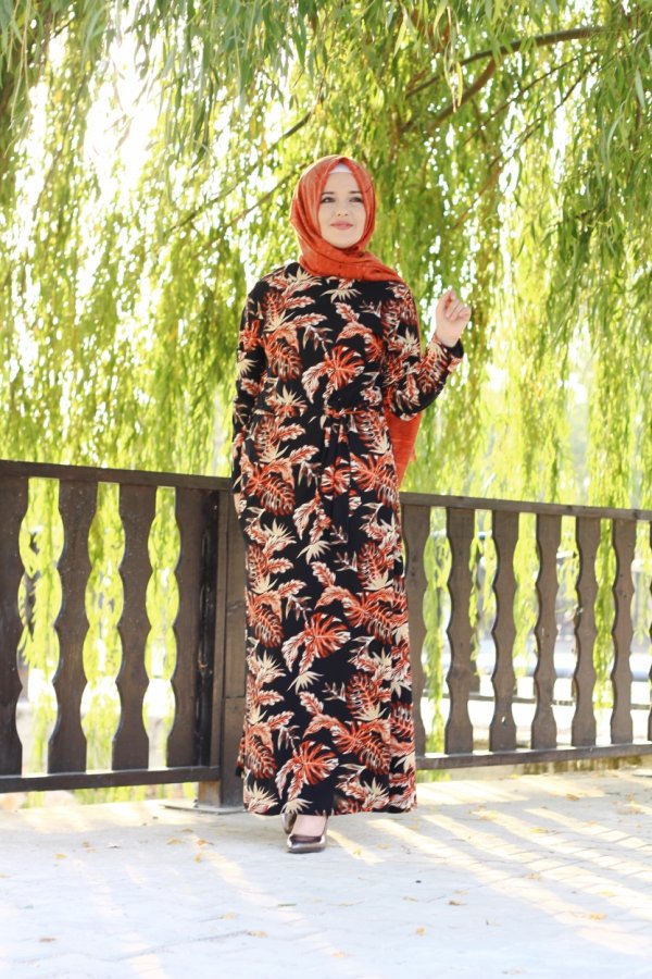 Büyük Beden Baskılı Krep Kumaş Elbise 64 bedene kadar  Kiremit Palmiye