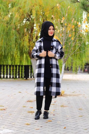 Büyük Beden Kalın Uzun Oduncu Gömlek  Siyah Beyaz