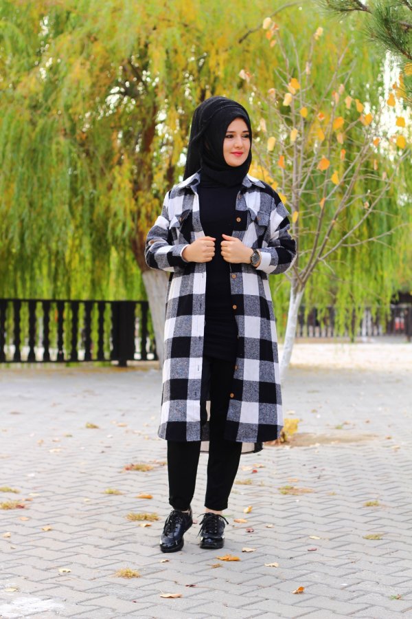 Büyük Beden Kalın Uzun Oduncu Gömlek  Siyah Beyaz