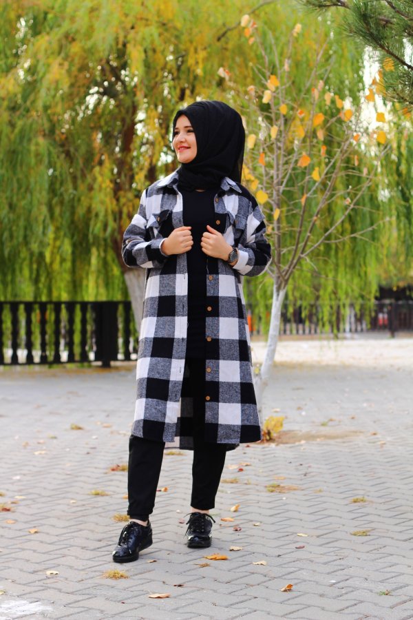 Büyük Beden Kalın Uzun Oduncu Gömlek  Siyah Beyaz