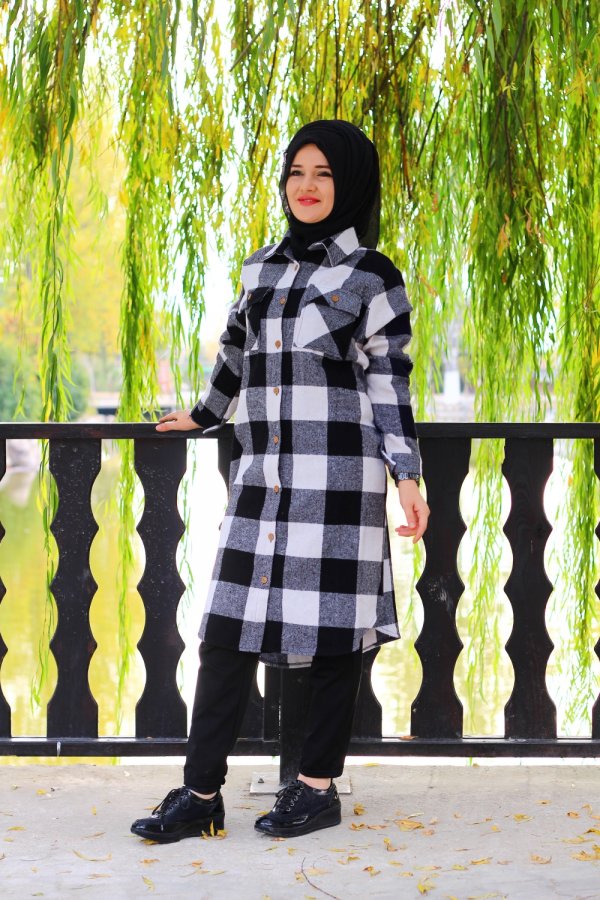 Büyük Beden Kalın Uzun Oduncu Gömlek  Siyah Beyaz