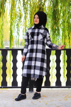 Büyük Beden Kalın Uzun Oduncu Gömlek Siyah Beyaz Büyük Beden Kalın Uzun Oduncu Gömlek Siyah Beyaz