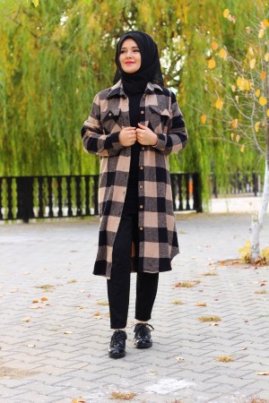 Büyük Beden Kalın Uzun Oduncu Gömlek  Bej