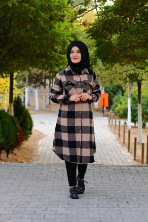 Büyük Beden Kalın Uzun Oduncu Gömlek Bej Büyük Beden Kalın Uzun Oduncu Gömlek Bej