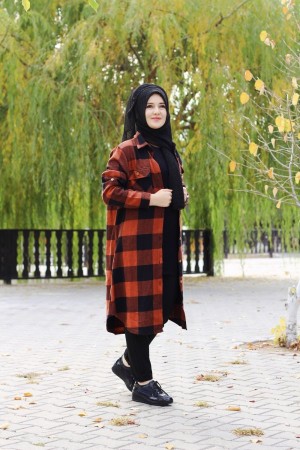 Büyük Beden Kalın Uzun Oduncu Gömlek  Kiremit