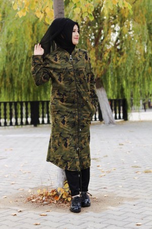 Büyük Beden Uzun Fermuarlı Bel Büzgülü Kamuflaj Kap  Yeşil