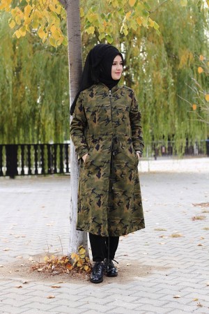 Büyük Beden Uzun Fermuarlı Bel Büzgülü Kamuflaj Kap  Yeşil