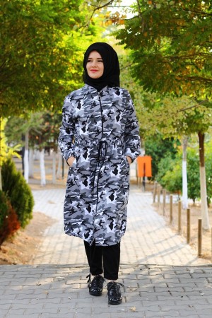 Büyük Beden Uzun Fermuarlı Bel Büzgülü Kamuflaj Kap  Gri