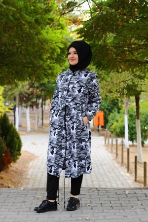 Büyük Beden Uzun Fermuarlı Bel Büzgülü Kamuflaj Kap  Gri