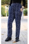 Büyük Beden Desenli Pamuk Süet Cepli Beli Lastikli Pantolon  Lacivert Pencere