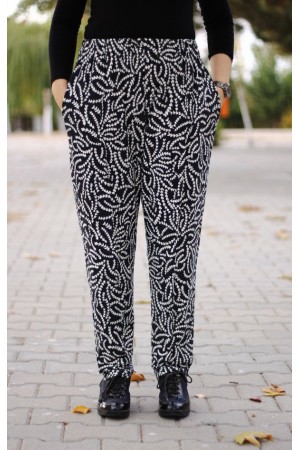 Büyük Beden Desenli Pamuk Süet Cepli Beli Lastikli Pantolon  Siyah Kalpli