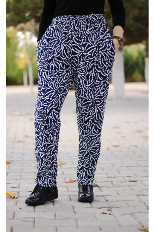 Büyük Beden Desenli Pamuk Süet Cepli Beli Lastikli Pantolon  Lacivert Kalpli