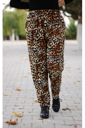 Büyük Beden Desenli Pamuk Süet Cepli Beli Lastikli Pantolon  Büyük Leopar