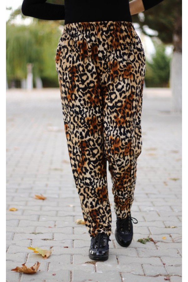 Büyük Beden Desenli Pamuk Süet Cepli Beli Lastikli Pantolon  Büyük Leopar