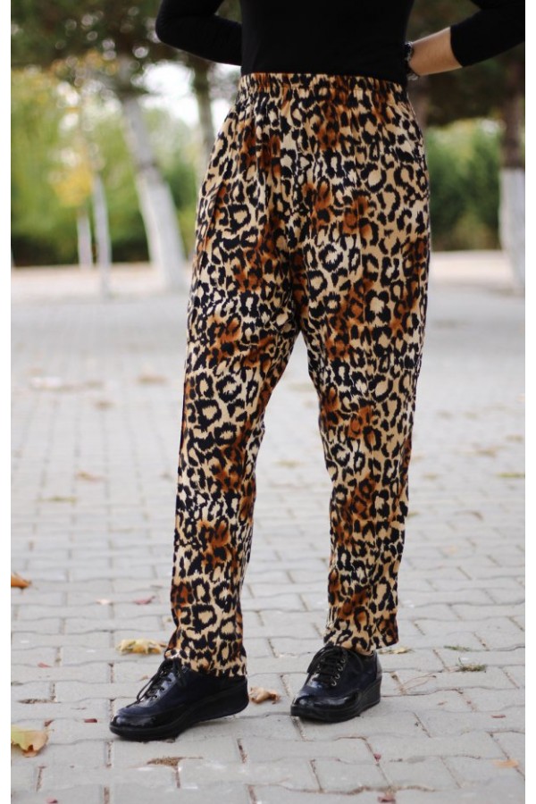 Büyük Beden Desenli Pamuk Süet Cepli Beli Lastikli Pantolon  Büyük Leopar
