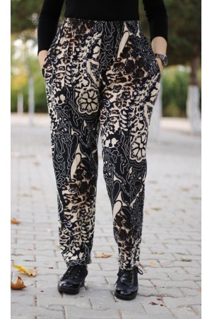 Büyük Beden Desenli Pamuk Süet Cepli Beli Lastikli Pantolon  Siyah Krem Kaplan