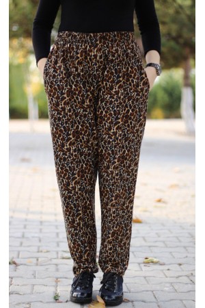 Büyük Beden Desenli Pamuk Süet Cepli Beli Lastikli Pantolon  Küçük Leopar