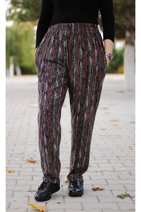 Büyük Beden Desenli Pamuk Süet Cepli Beli Lastikli Pantolon Fuşya Şelale Büyük Beden Desenli Pamuk Süet Cepli Beli Lastikli Pantolon Fuşya Şelale